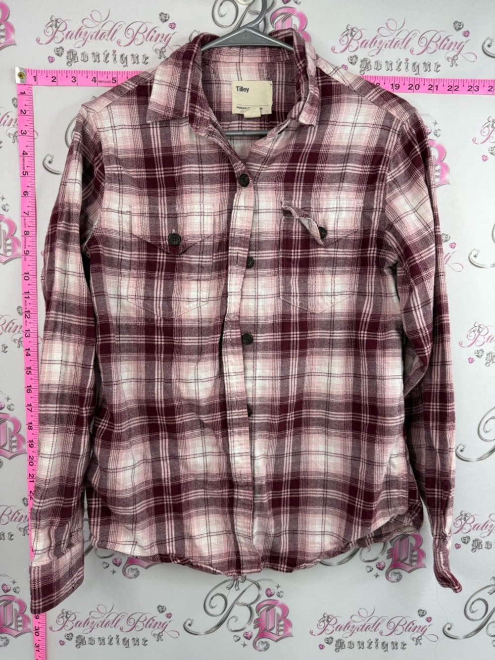 Tilley shirt button down red pink white  Burgundy Plaid Button-Down Shirt